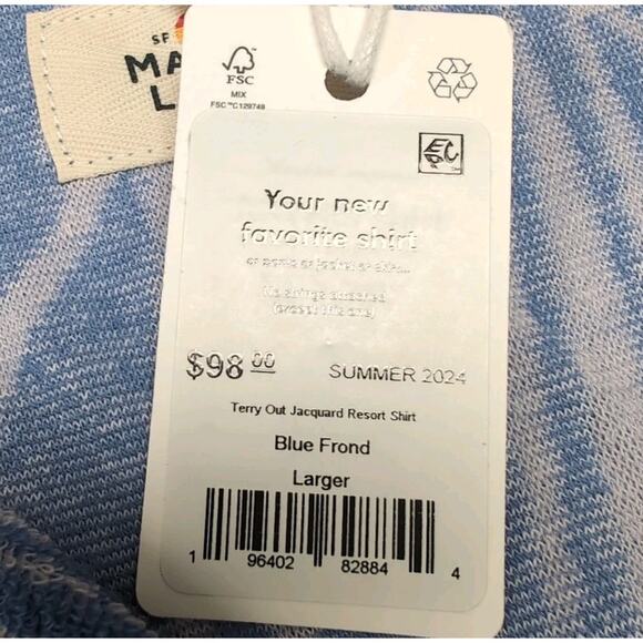 Marine Layer Terry Cloth Shirt Mens L Blue Palm Button Up Short Sleeve NEW NWT - Picture 9 of 13